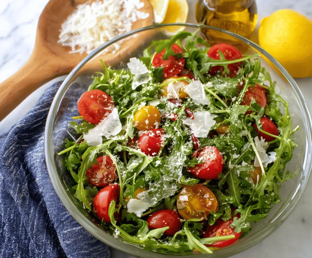 Fresh arugula salad topped with lemon vinaigrette, garnished with cherry tomatoes and shaved Parmesan cheese.