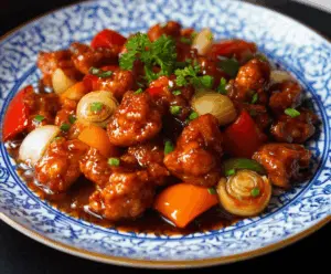 Delicious authentic Chinese sweet and sour pork with crispy battered pork chunks, vibrant bell peppers, pineapple pieces, and a glossy tangy sauce on a white plate.