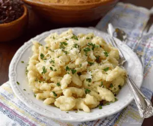 Delicious authentic German Spaetzle dumplings served on a traditional plate.