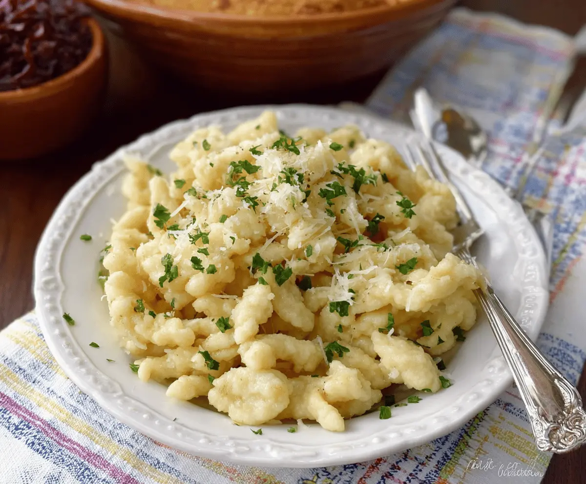 Delicious authentic German Spaetzle dumplings served on a traditional plate.