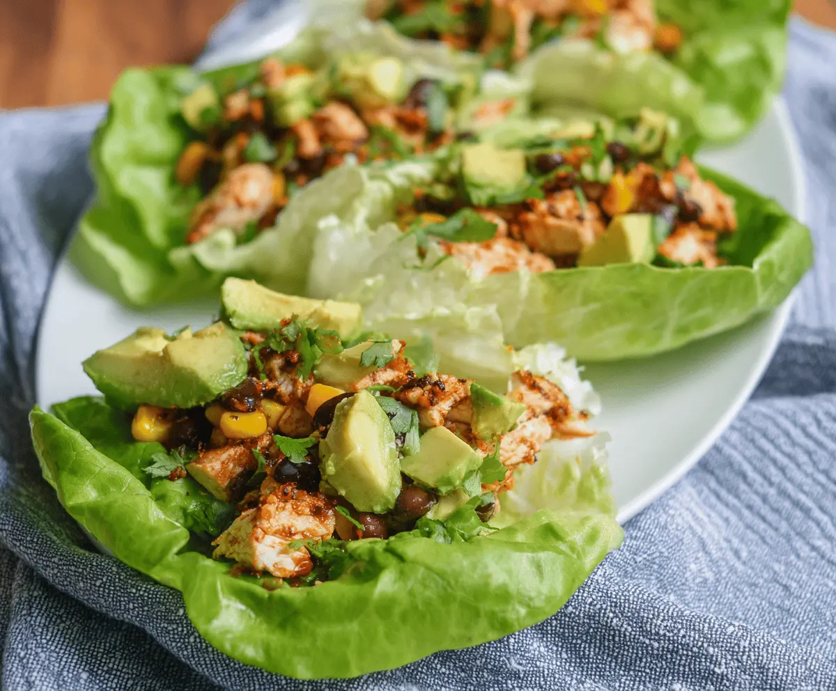 Fresh avocado and cooked chicken lettuce wraps in a bowl for a healthy meal.