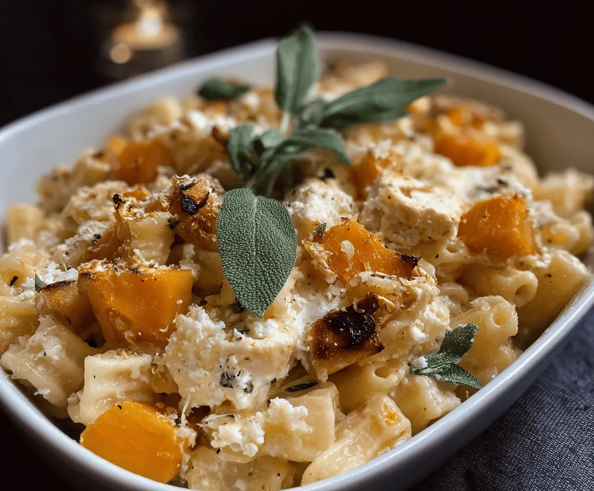Creamy baked feta and butternut squash pasta garnished with fresh sage leaves, featuring a golden baked topping and vibrant orange squash chunks in a deliciously inviting dish.