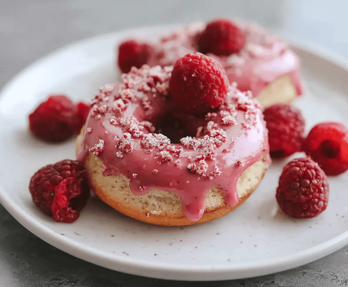 Delicious baked raspberry donuts with a golden-brown crust and fresh raspberry topping.