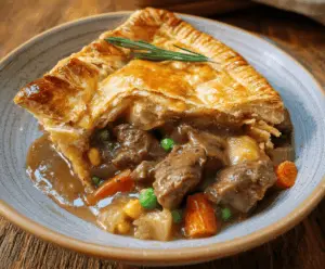 Hearty beef pot pie with flaky golden crust and tender meat filling