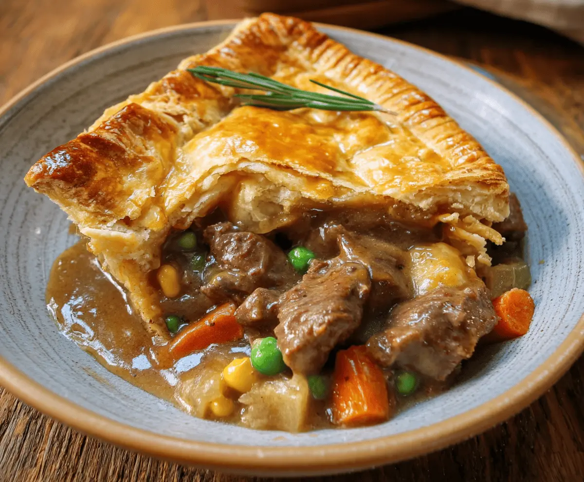 Hearty beef pot pie with flaky golden crust and tender meat filling