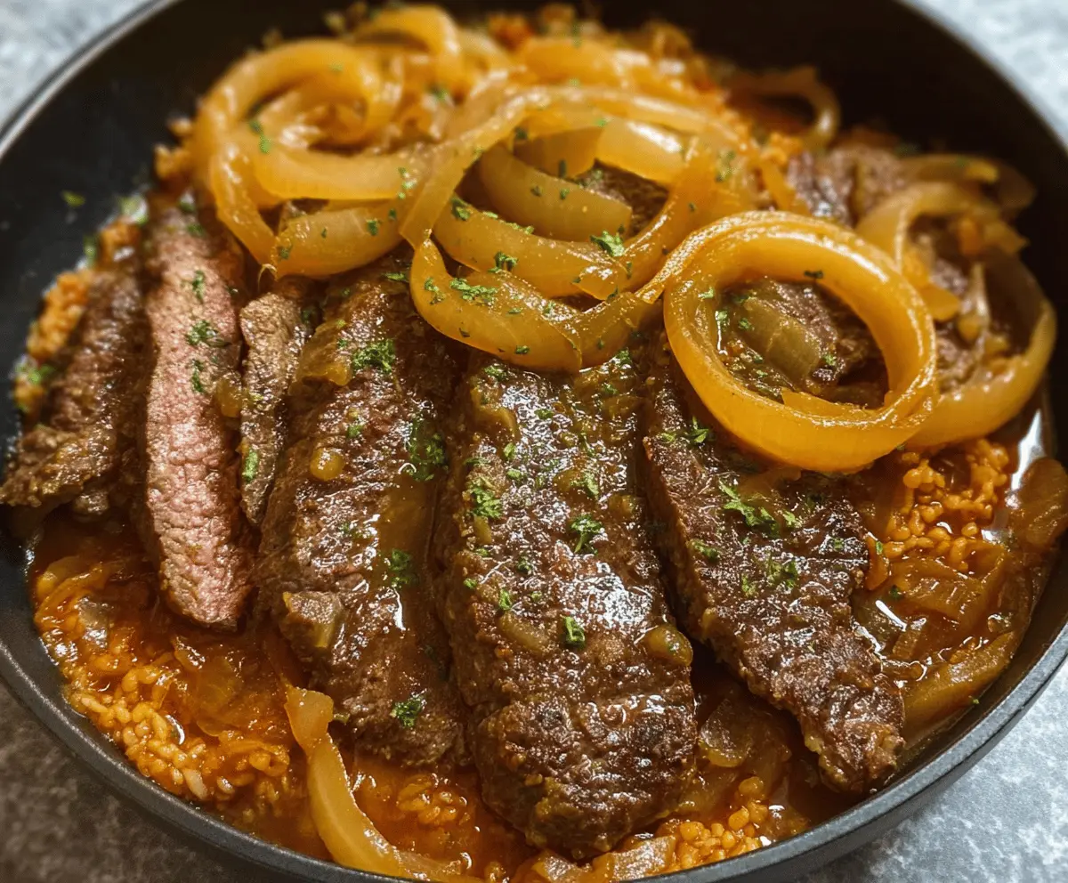 Delicious Bistec Encebollado Puerto Rican steak topped with sautéed onions on a plate.