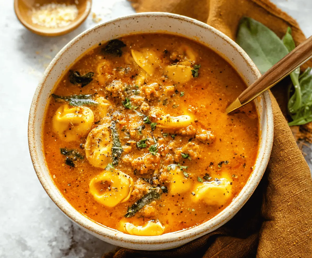 Hearty butternut squash, sausage, and cheese tortellini soup in a bowl topped with fresh herbs