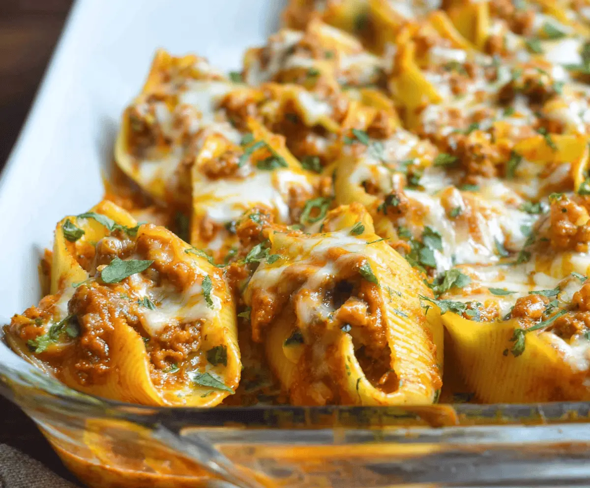 Creamy cheesy pumpkin and spicy sausage stuffed pasta shells topped with melted cheese, perfect for fall comfort meals.