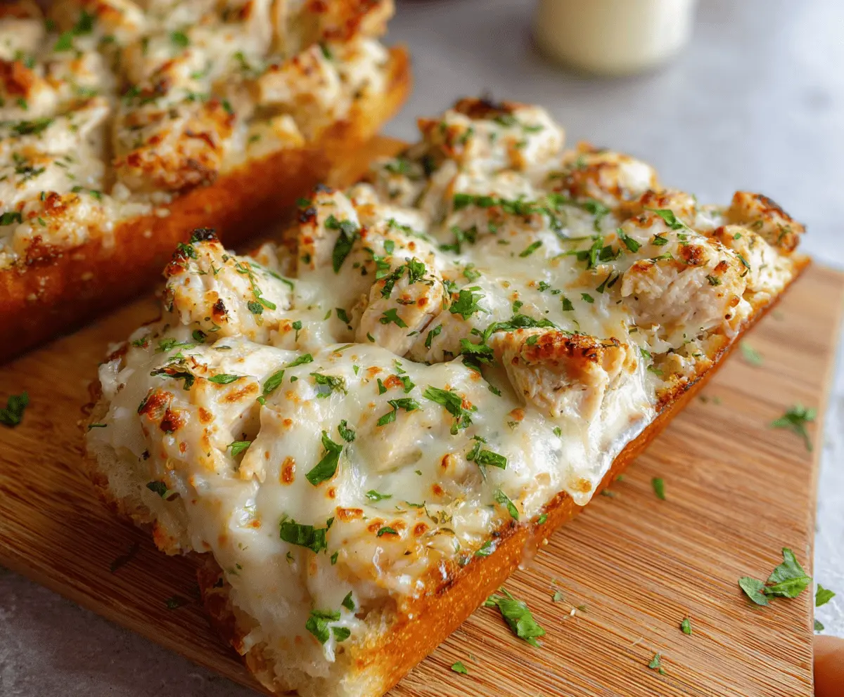 Creamy Chicken Alfredo served with toasted garlic bread on a white plate, garnished with fresh herbs, perfect for a delicious Italian-inspired meal.