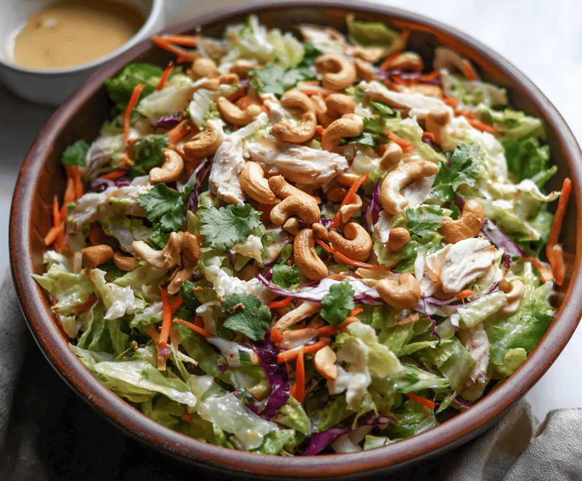 Fresh Chicken Cashew Crunch Salad with crisp vegetables, roasted cashews, and a flavorful dressing on a white plate