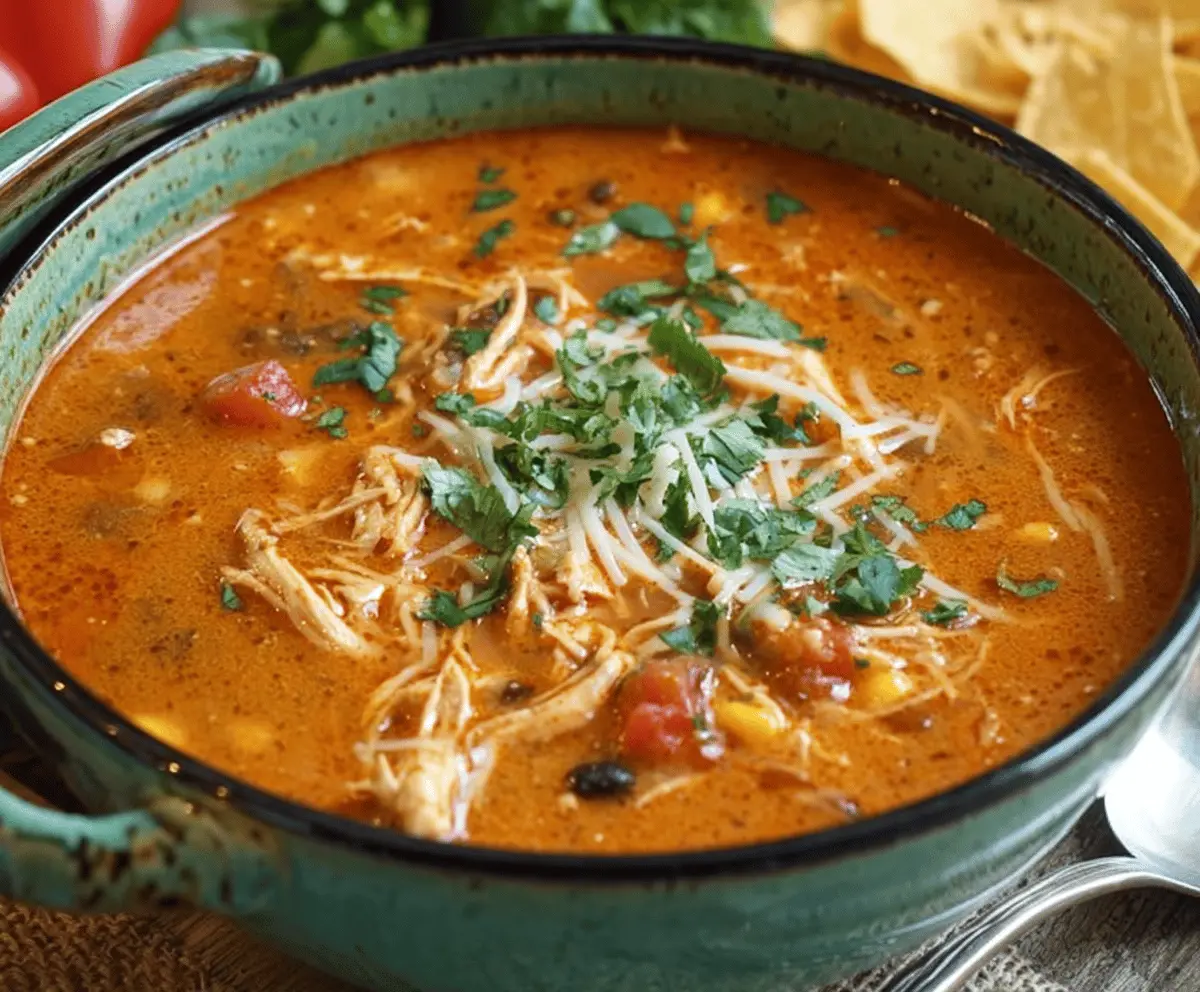 Creamy Chicken Enchilada Soup in a bowl with shredded chicken, melted cheese, and fresh cilantro, perfect for a cozy meal