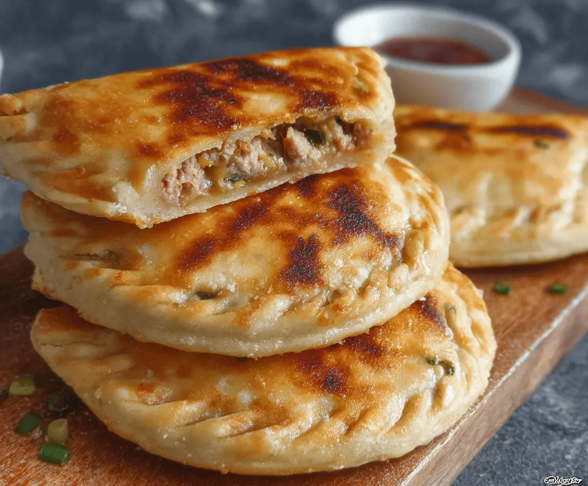 Delicious homemade Chinese Meat Pies with flaky crust and savory filling, served on a wooden platter.