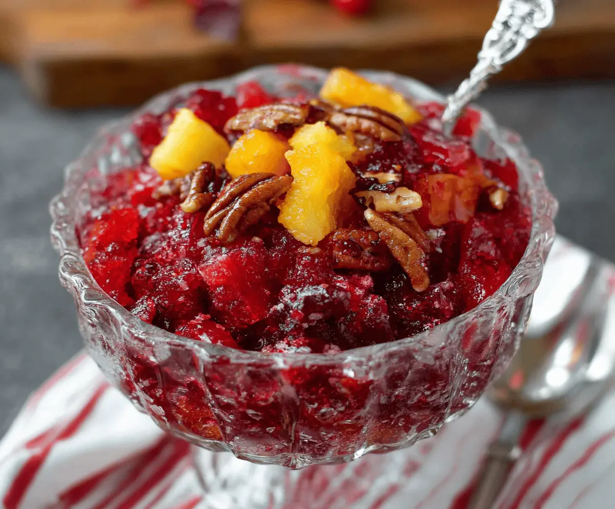 Festive cranberry jello salad with pineapple, oranges, and pecans, perfect for holiday gatherings.