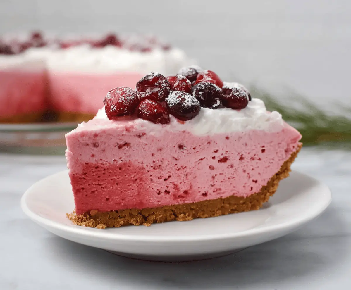 Delicious Cranberry Mousse Pie topped with fresh cranberries and whipped cream, perfect for holiday dessert lovers.