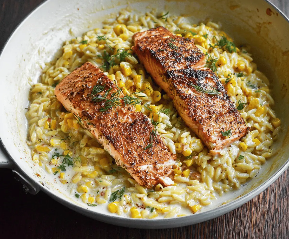 Creamed Corn Orzo with Salmon dish featuring creamy corn sauce, tender orzo pasta, and grilled salmon fillet, garnished with fresh herbs