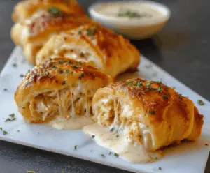 Creamy cheesy chicken crescent rolls filled with tender chicken and melted cheese, baked to golden perfection—delicious appetizer or snack.