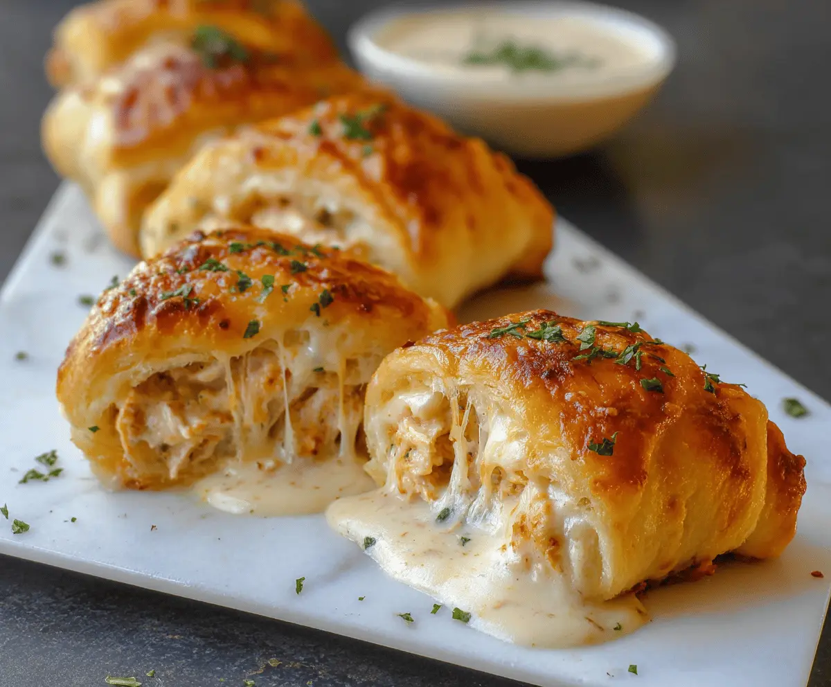 Creamy cheesy chicken crescent rolls filled with tender chicken and melted cheese, baked to golden perfection—delicious appetizer or snack.