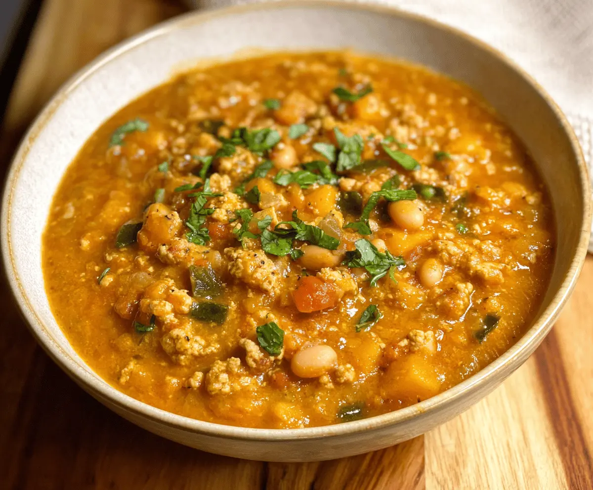 Creamy turkey pumpkin chili in a bowl topped with fresh herbs and shredded cheese, featuring hearty chunks of turkey and vegetables in a rich, orange-colored sauce