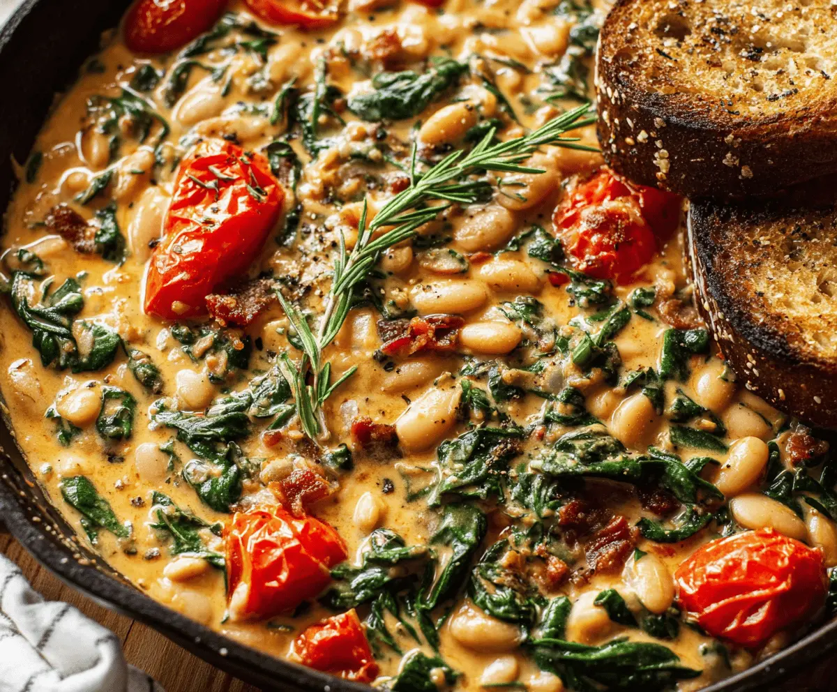 Creamy Tuscan White Bean Skillet with spinach, sun-dried tomatoes, and garlic in a skillet