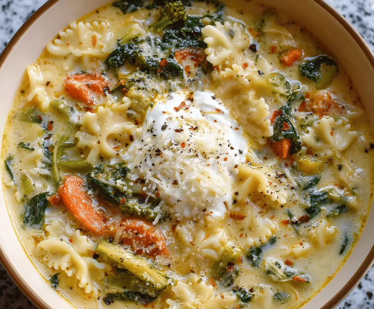 Creamy white lasagna soup with fresh vegetables in a bowl, topped with melted cheese and herbs