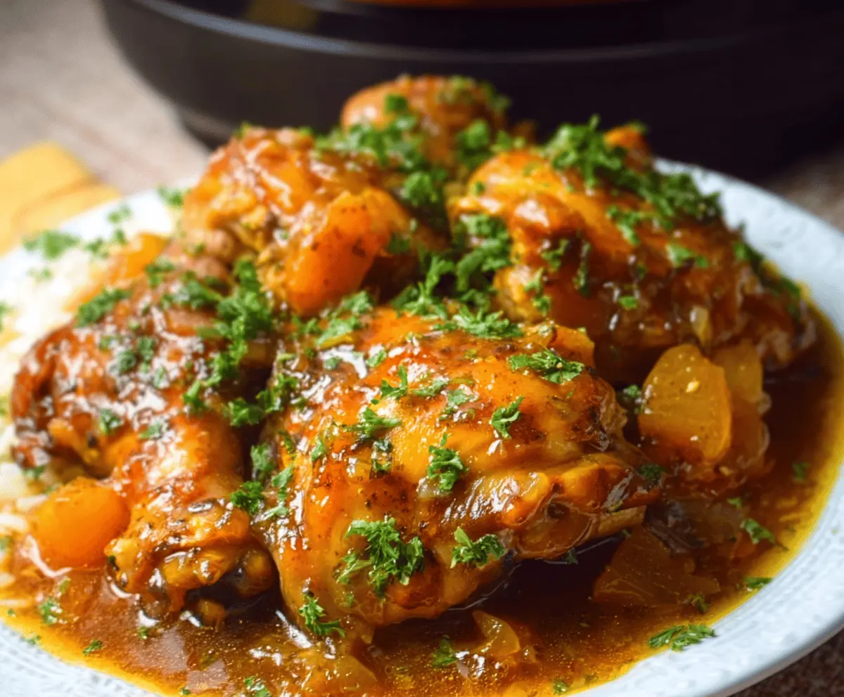 Delicious Crock Pot Apricot Chicken with golden sauce and fresh herbs ready to serve.