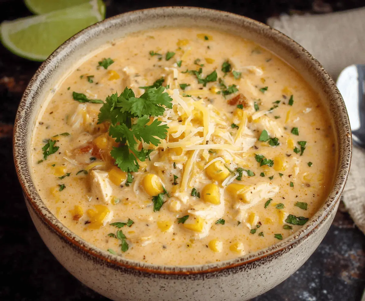 Creamy Crock Pot Mexican Chicken Corn Chowder in a bowl topped with fresh cilantro and shredded cheese, served with tortilla chips