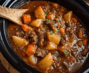 Delicious Crock Pot Poor Man's Stew with tender beef, potatoes, carrots, and vegetables in a hearty, savory broth ready to serve