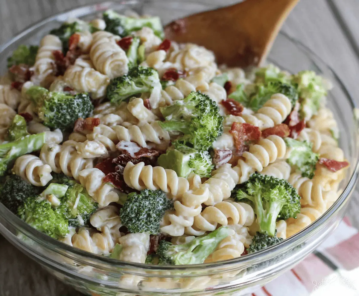 Fresh Easy Broccoli Pasta Salad with chopped broccoli, pasta, cherry tomatoes, and a light dressing in a bowl
