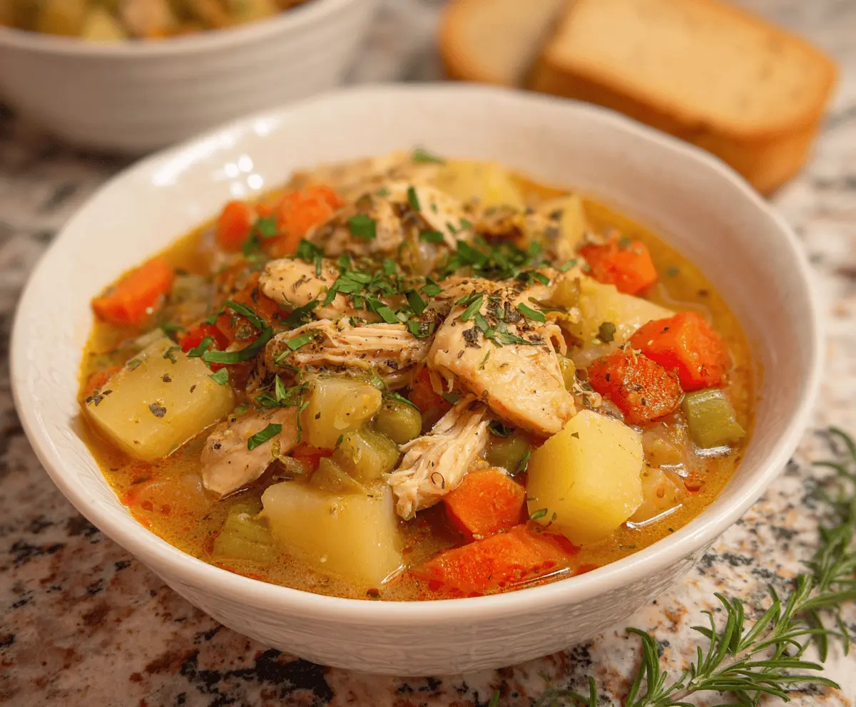 Hearty fall crockpot chicken stew with vegetables and herbs in a rustic bowl