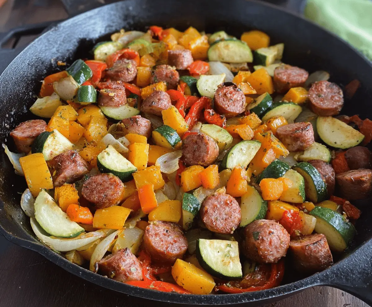 Hearty fall vegetable and sausage skillet featuring colorful seasonal squash, bell peppers, and savory sausage in a skillet ready to serve.