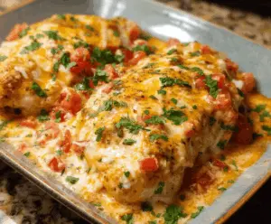 Juicy baked queso chicken topped with melted cheese and fresh herbs on a plate, served with colorful vegetables, perfect for a flavorful and satisfying meal.