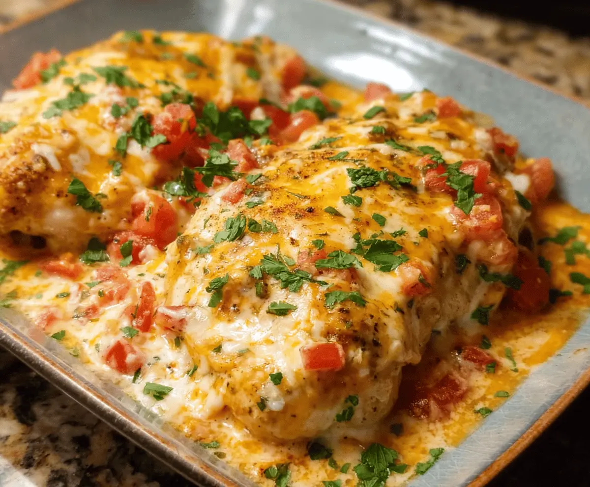 Juicy baked queso chicken topped with melted cheese and fresh herbs on a plate, served with colorful vegetables, perfect for a flavorful and satisfying meal.