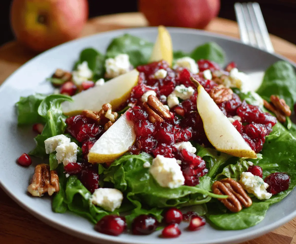 Colorful fall salad with mixed greens, sliced pears, cranberries, and a drizzle of cranberry vinaigrette in a bowl