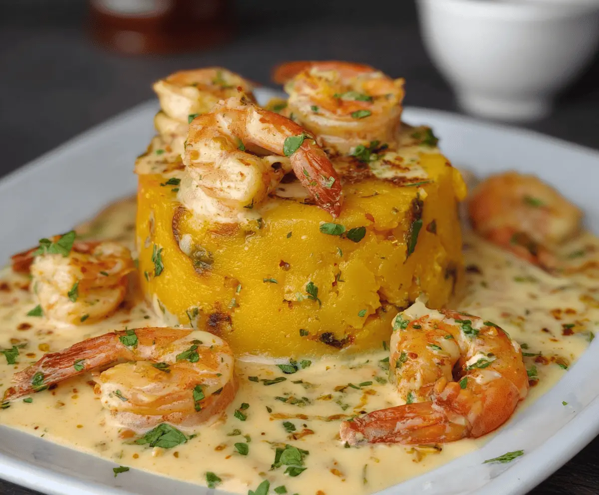 Savory garlic shrimp served with traditional mofongo, topped with fresh herbs, on a rustic plate.