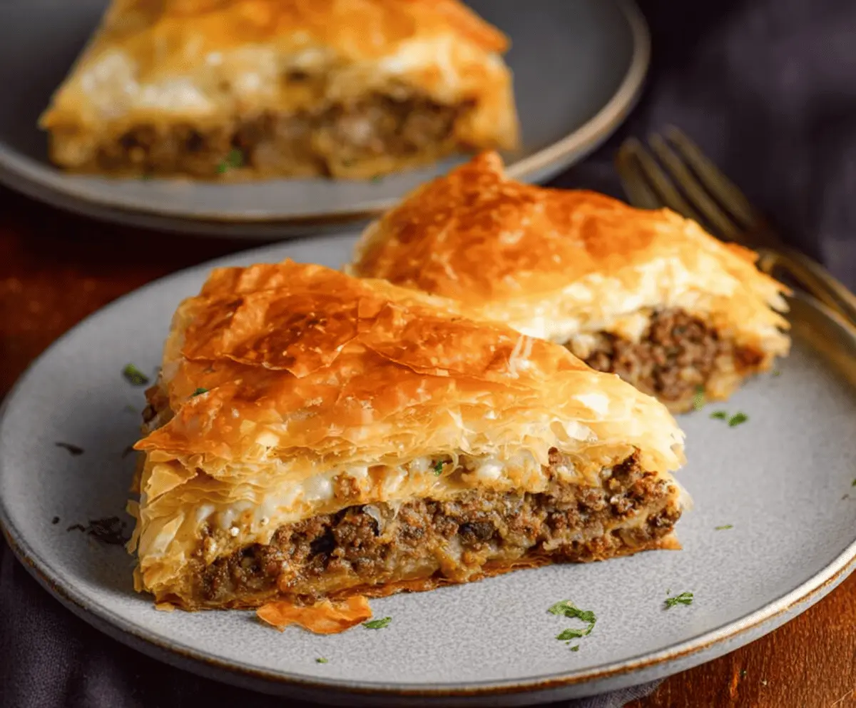 Delicious Greek Phyllo Meat Pie featuring flaky golden pastry filled with seasoned ground meat and herbs, served sliced on a rustic plate.
