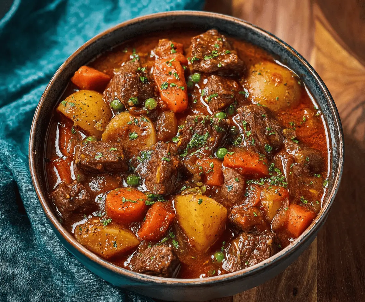 A bowl of hearty beef and vegetable stew with tender beef chunks, carrots, potatoes, and peas in a rich, savory broth.