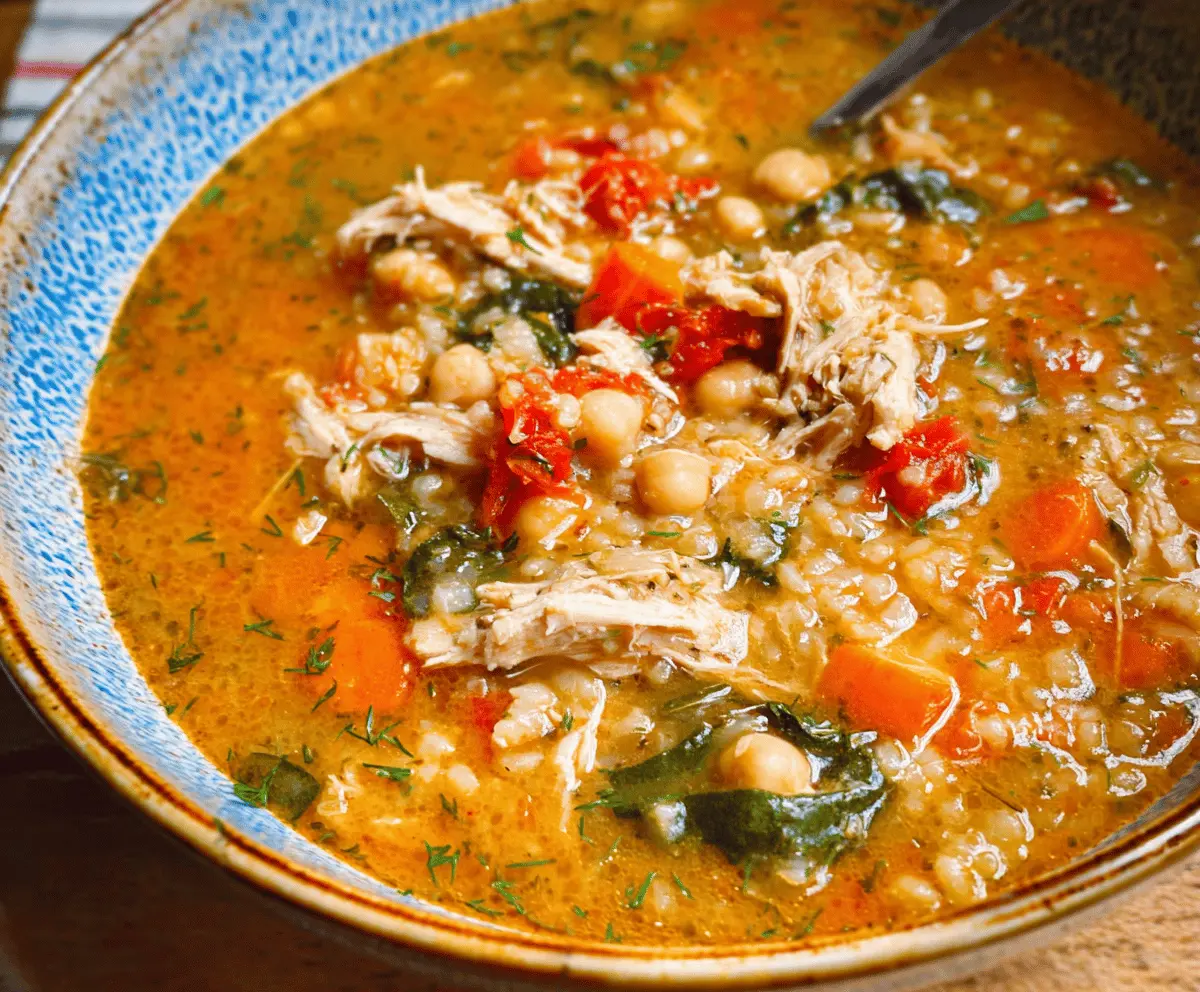 A steaming bowl of hearty chicken and chickpea soup garnished with fresh herbs, showcasing tender chicken pieces, chickpeas, vegetables, and flavorful broth for a comforting and nutritious meal.
