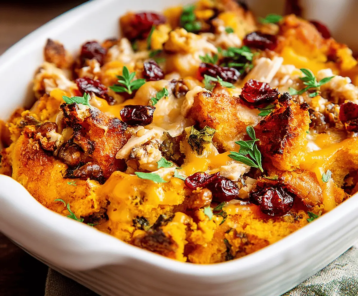 Delicious leftover Thanksgiving casserole with layers of turkey, stuffing, mashed potatoes, and cranberry sauce ready to serve