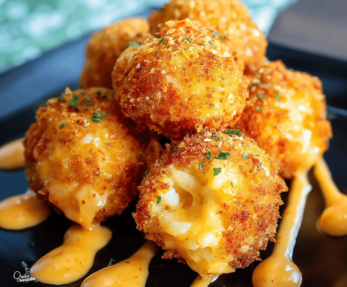 Delicious crispy mac and cheese bites topped with shredded cheese and herbs, perfect for snacking or parties.