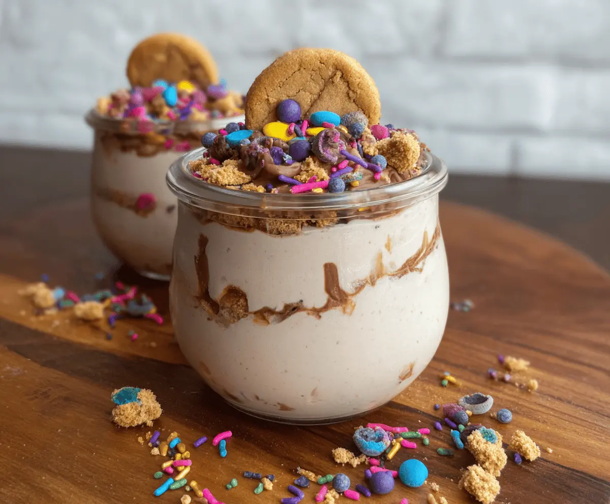 Creamy Monster Cookie Cottage Cheese Mousse topped with chocolate chips and crushed cookies, served in a glass bowl for a delicious and healthy dessert.