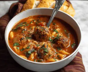 Delicious bowl of One-Pot Italian Meatball Soup with meatballs, vegetables, and herbs in a savory broth