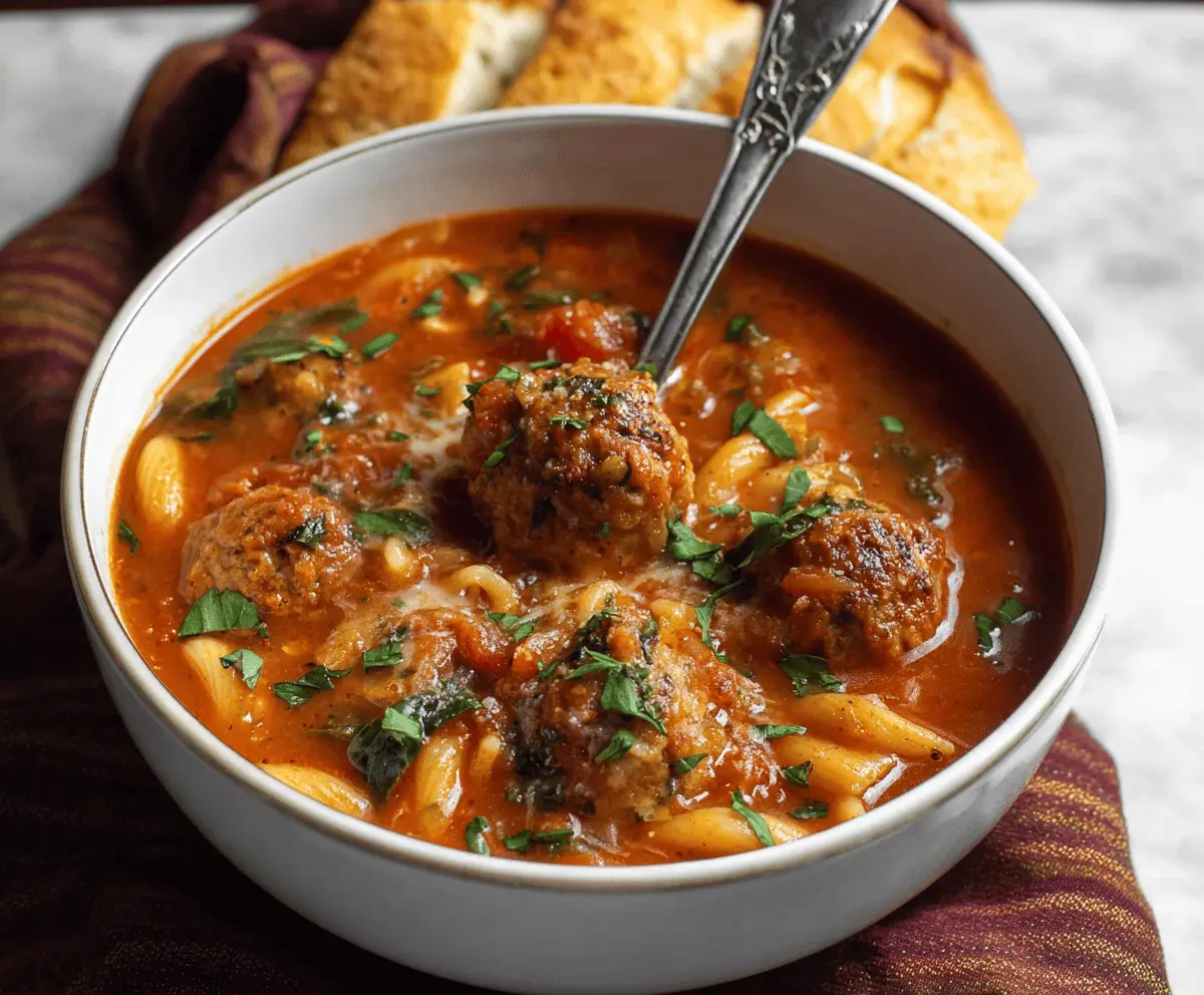 Delicious bowl of One-Pot Italian Meatball Soup with meatballs, vegetables, and herbs in a savory broth