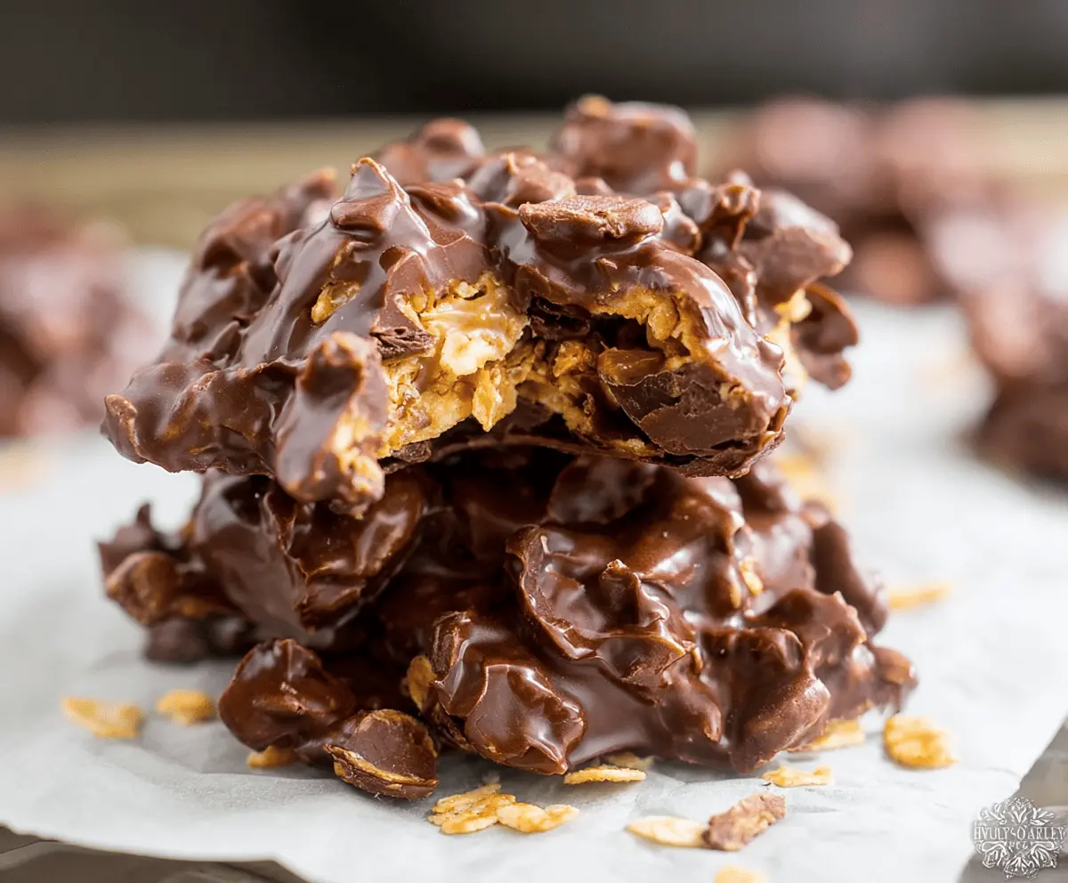 Delicious homemade Peanut Butter Chocolate Corn Flakes Clusters topped with melted chocolate and crunchy corn flakes, perfect for a sweet snack or dessert