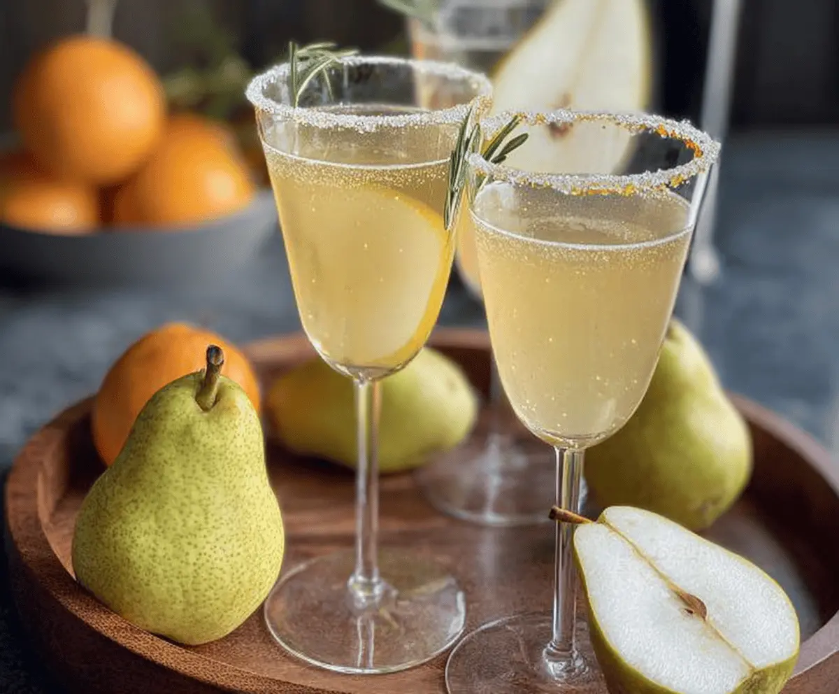 Refreshing Pear Prosecco Cocktail garnished with pear slices and mint, served in a elegant glass, perfect for celebrations and special occasions.