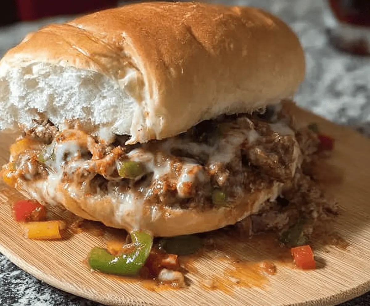 Delicious Philly Cheese Steak Sloppy Joes with tender beef, melted cheese, and sautéed peppers on a toasted bun