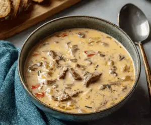 Creamy Philly Cheese Steak Soup in a bowl with melted cheese, tender beef, peppers, and onions, perfect for cozy nights