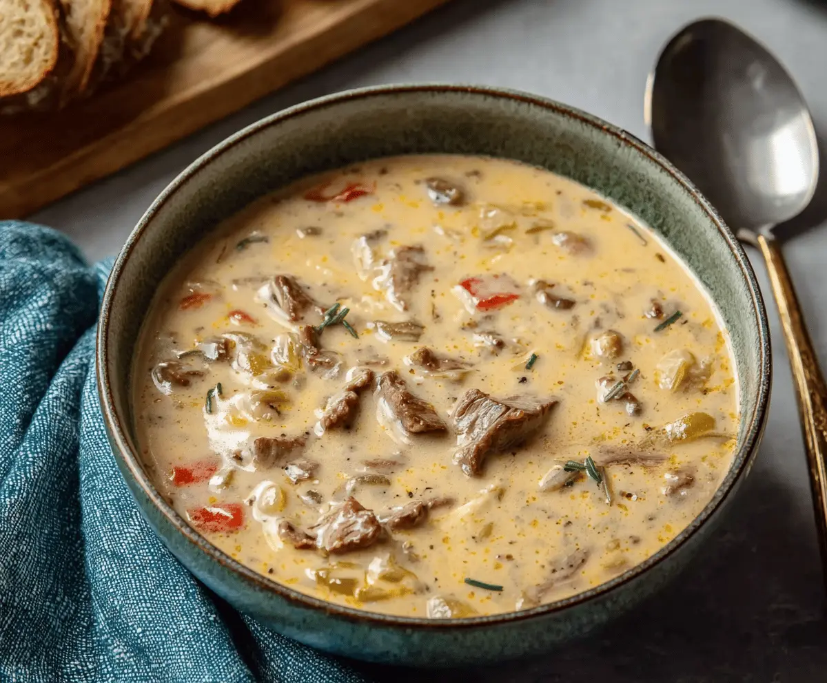 Creamy Philly Cheese Steak Soup in a bowl with melted cheese, tender beef, peppers, and onions, perfect for cozy nights