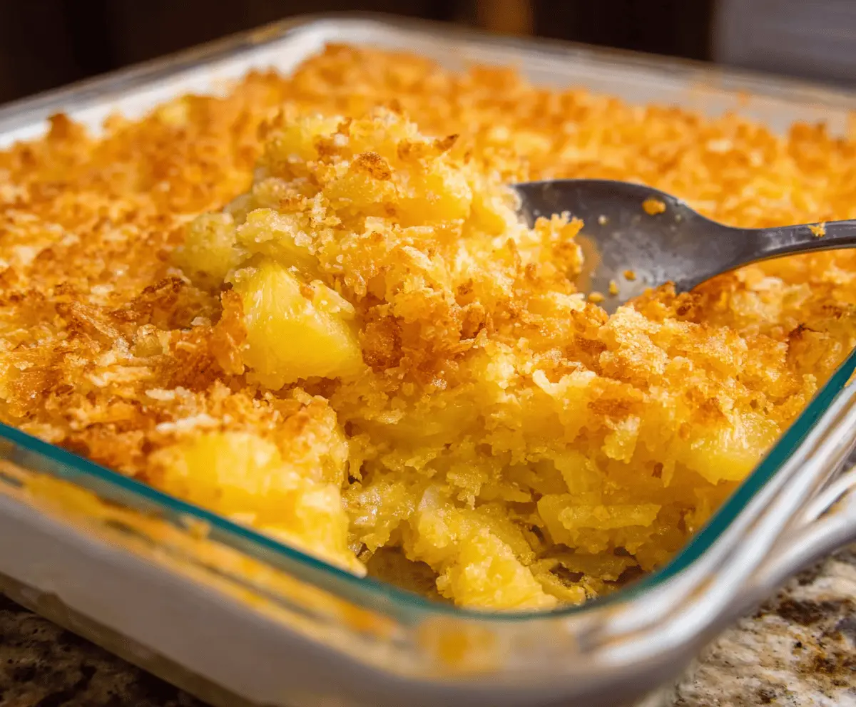 Delicious pineapple casserole topped with toasted breadcrumbs, served in a baking dish, perfect for a flavorful side dish or holiday meal.