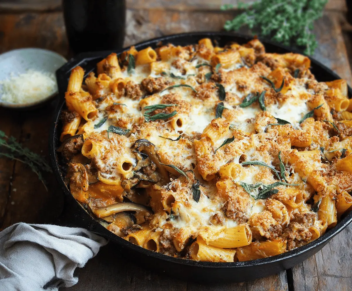 Delicious Pumpkin and Sausage Pasta Bake topped with melted cheese, ready to serve