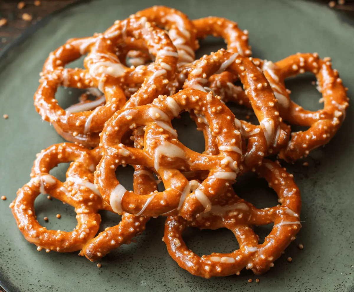 Sweet and salty pumpkin spice pretzels drizzled with caramel and sprinkled with cinnamon for a cozy fall treat